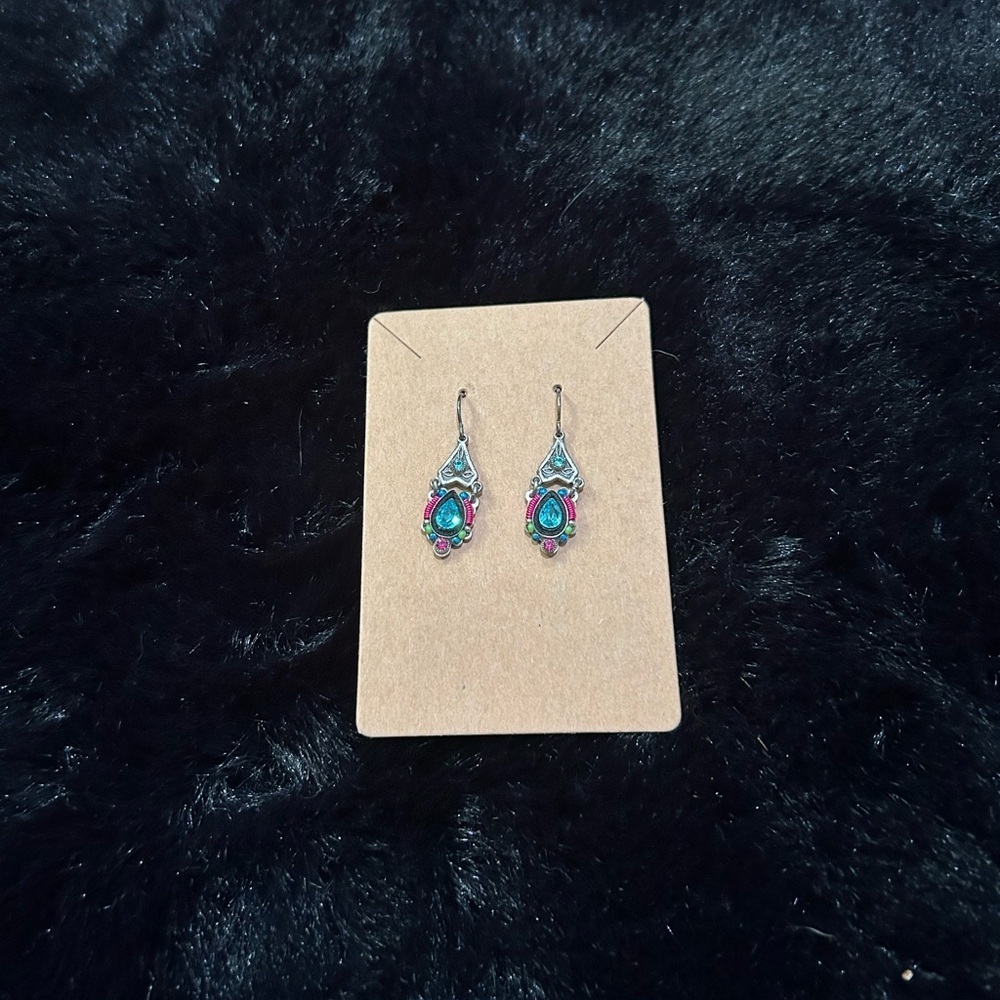 Boho Gemstone-Inspired Dangle Earrings Teardrop Blue with Pink Silver Detailing - Picture 2 of 5